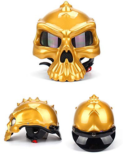 PKFG Motorradhelm Retro Schädel Halbhelme Motorrad Helm mit HD Brille Visier Beidseitiger Tragen Jethelme für Scooter Mofa Roller Motocross Moped BMX Rollerhelm, Herren Damen (Golden,M)