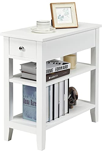 COSTWAY Bedside Table, Narrow Nightstand End Coffee Snack Sofa Side Table with Drawer and Storage Shelf, for Living room Bedroom Office (3-Tier, White)