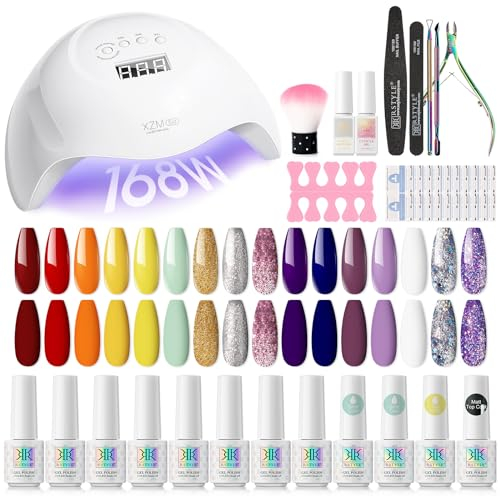 RSTYLE Shellack Set Starterset mit Lampe 168 W, 16 Farben Nagelset Starterset Gelnägel mit 168w Nagellampe UV Gel Nagel Set Soak Off Nail Art Maniküre Violett Gelb Glitzer