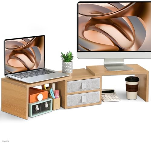 TEAMIX 106.7 cm (42 Zoll) Dual-Monitorständer mit 2 Schubladen, Länge und Winkel, Computer-Monitorständer für 2 Monitore/Laptop/PC, Bildschirm/TV-Ständer