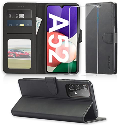 Handyhülle für Samsung Galaxy A52 Hülle 5G Leder Klappbar mit Panzerglas Schutzfolie, A52S Premium Leder Schutzhülle Wallet [Kartenfach] [Standfunktion] Cover Flip Case für Samsung A52/A52S Klapphülle