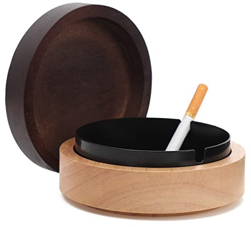 FriyGardcn Aschenbecher für Zigaretten, Aschenbecher mit Deckel, aus Holz, für Unkraut, mit einem tragbaren, dekorativen Aschenbecher aus Edelstahl, winddicht, für Zuhause, Terrasse, Outdoor, Indoor