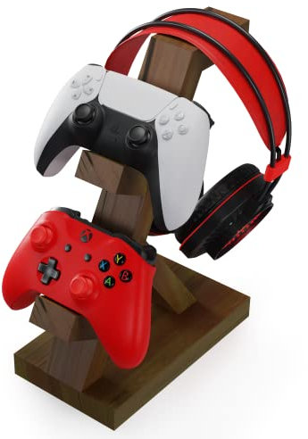 Wooden Controller Stand with Headphone Holder, 2 Tier Gamer Controller Hanger and Headset Stand, Dual Gamepad Desk Storage Organizer Compatible with Nintendo Switch, Xbox One, PS4, PS5 Controllers