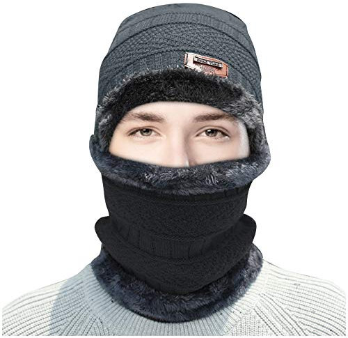 WENZHOU 2-teiliges Set Street Style Hat Winter Thermo Plüsch Mütze Schal Wollmütze Radfahren Winddichte Mütze Zweiteiliger Anzug Unisexe Beanie Mütze mit Teddyfleece Innenfutter