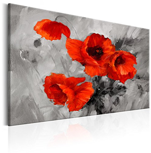 B&D XXL - Wandbilder Mohnblumen 60x40 cm Leinwandbild 1 tlg Kunstdruck modern Wanbilder XXL Wanddekoration Design Wand Bild Blumen Mohn wie gemalt rot grau b-B-0157-b-a