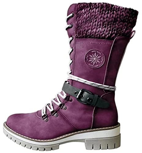 Stivali da donna in pizzo lavorato a maglia a metà polpaccio, stivali da donna con fibbia in pizzo, stivali da escursionista lavorati a maglia, con eleganti accessori rifiniti e lacci bicolore,