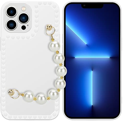 Cadorabo Hülle kompatibel mit Apple iPhone 13 PRO MAX Schutzhülle TPU Silikon Case Handschlaufen Design mit Perlen Slim Kratzfest Weiche Gummi mit Rundumschutz Case Hülle für iPhone 13 PRO MAX in Weiß