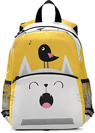 Mnsruu Rucksack mit individuellem Namen, personalisierbar, für Jungen und Mädchen, weiße Katze, Tier, gelber Rucksack, Kindergarten, Vorschule, Kindergarten, Reisetasche, Multi 27, M