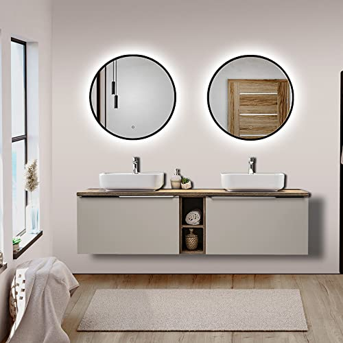 Lomadox Badmöbel Komplett Set taupe mit Vintage Eiche, Doppel-Waschtischunterschrank mit 2 Keramik Waschbecken, 2 LED-Spiegel 60cm