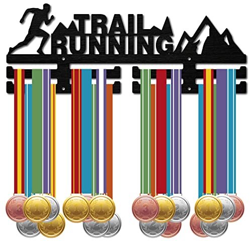 CREATCABIN Appendiabiti Medaglie Trail Running Porta Medaglie Sportive Parete in Legno Nero Appendiabiti Telaio Gancio Espositore Nastro per Casa Distintivo 2 Riga 20 medaglie Corridore Atleta Regalo