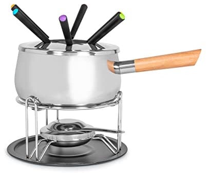 H&H Servizio Fonduta in Acciaio Inox 18/10, 11 Pezzi, Manico in Legno