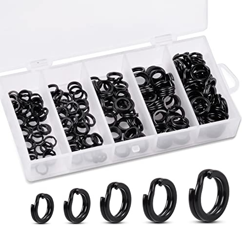 JSHANMEI 200 Stück Edelstahl Angeln Split Ringe Verbinder Heavy Duty Salzwasser Solid Ringe Köder Tackle Connector Easy Catch Double Loop Köder Set Mehrere Größen mit Aufbewahrungsbox (schwarz)