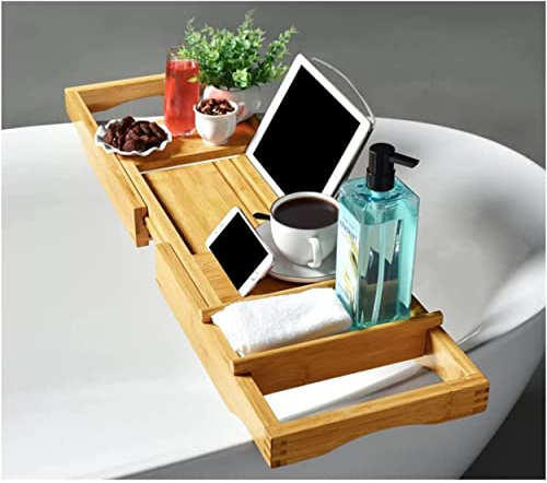 Badewannentablett aus Bambus, ausziehbar, hochwertiges Zubehör für ein entspanntes und komfortables Bad, verstellbare Halterung für Bücher, Gläser, Getränke, Handys, Tablets, Seifen etc.