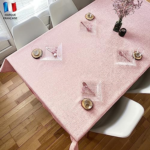 Douceur De Plumes Nappe Aspect Lin Rose poudré 140x240 cm Rectangulaire Anti Tâches Imperméable Lavable Decoration Table