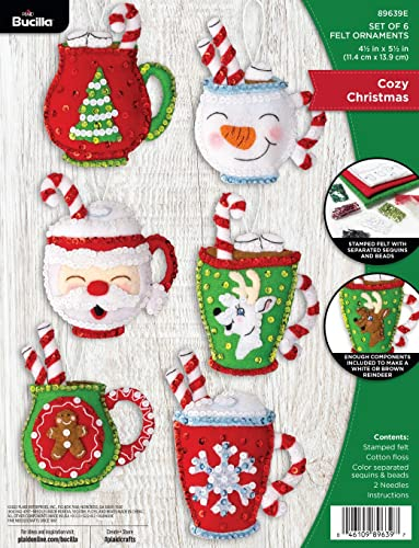Bucilla, Cozy Christmas, Felt Applique 6 Piece Ornament Making Kit, Perfect for Holiday DIY Needlepoint Arts and Crafts, 89639E