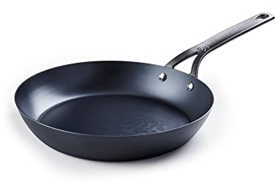 BK Black Steel Pre-Seasoned 26 cm Carbon Steel Frying Pan Skillet, Suitable for Induction, Oven & Broiler Safe up to 350C, Durable and Professional, Black