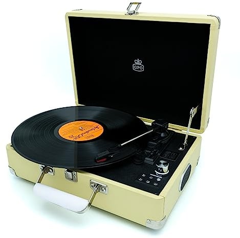 GPO Attache Schallplattenspieler mit eingebauten Lautsprechern, Vintage Plattenspieler Tragbarer Player Kompatibel mit externen Lautsprechern, USB Direktaufnahme, Zitrone