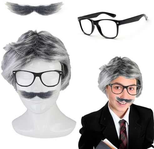 HIFOT Opa Kostüm Set Graue Perücke Alter Mann, Bart und Perücke Brille Großvater Accessoire Cosplay Kinder Mädchen Erwachsene Geschenke für Cosplay Party Karneval Halloween