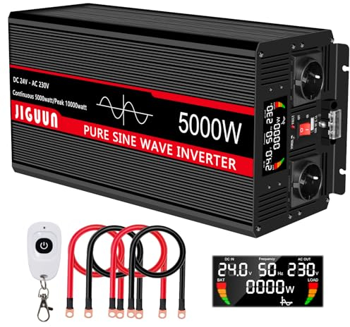 JIGUUN 5000W 10000W Wechselrichter 24V auf 230V Reiner Sinus Spannungswandler mit LCD-Anzeige,AKabellose Fernbedienung,2 EU Steckdosen,1 USB,Geeignet für Wohnmobil,Camper,LKW,Kfz Konverter