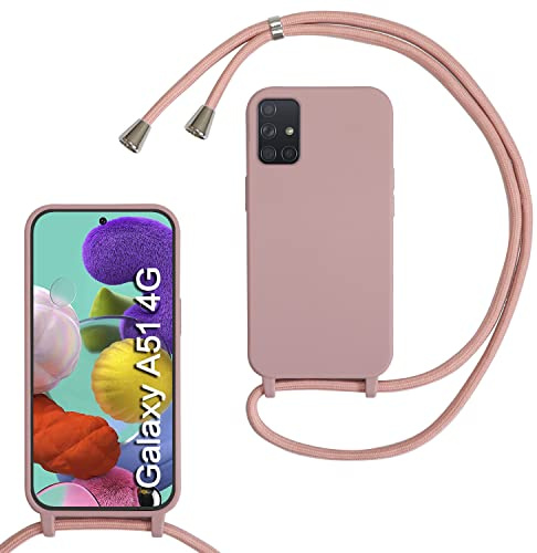 FERLAN handyband Hülle für Samsung Galaxy A51 4G mit Band, HandyHülle mit Kordel, Weich Silikon TPU Stoßfest Bumper mit Kette zum Umhängen für Samsung Galaxy A51 4G, Handy Lanyard - Sandpulver