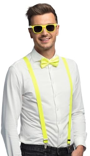 Boland - Kostümset 3-teilig, Zubehör Set mit Hosenträger, Brille und Fliege, für Festival, JGA, Karneval und Mottoparty, Neongelb