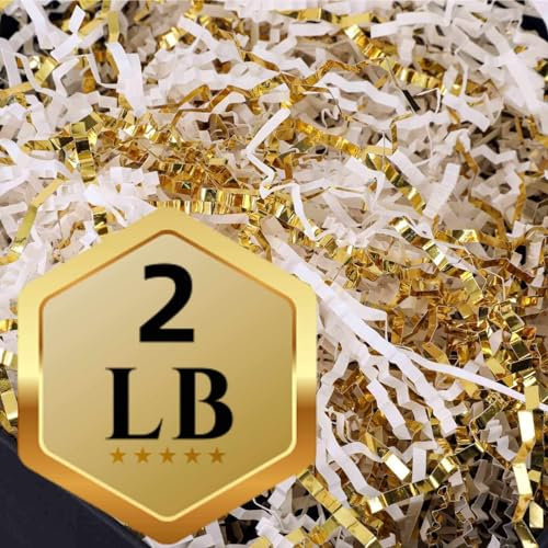 PLINJOY 2 Pfund Knisterschnitt Papier Shred Filler für Geschenkkorb geschreddert Konfetti Papierbox Füllung Osterkorb Gras (Gold Weiß)