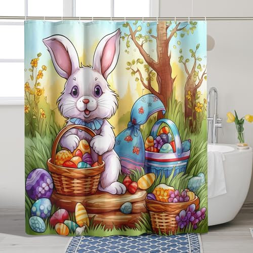 Easter Shower Curtain Bunny Eggs Tree Colorful Nature White Polyester Ornaments Waterproof Decor Thick Grommet Room Indoor Bathroom Dorm Outdoor Short Shower Curtain 72x72inch