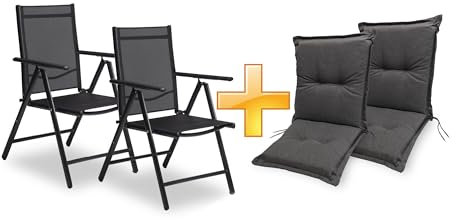 sunnypillow 2er Set Gartenstühle und Gartenstuhlauflagen Niedriglehner | 100x50x9 cm Auflage wasserdicht UV-lichtecht | Klappsessel Klappstuhl für Garten Polsterauflagen Stuhlauflage | Anthrazit