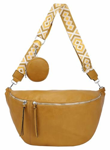 OBC Damen Tasche Crossbody Brusttasche Hüfttasche Schultertasche Umhängetasche Bauchtasche Gürteltasche Crossover Slingntasche Reise Bag Kunstleder Gelb V1
