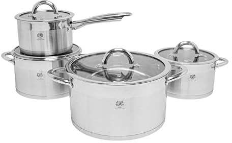 KARL HAUSMANN Topfset Induktion aus Edelstahl, 8-teilig, mit Stieltopf | Töpfe set 1.9-6.1 L, 4 Glasdeckel mit Dampföffnungen, Innenskalen, außen gebürstet, Kochtopf innen glänzend