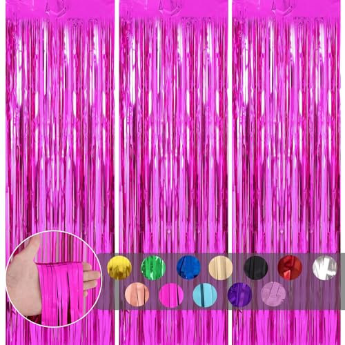 3pcs Tinsel Curtain Hot Pink Glitter Foil Door Curtain Party Backdrop,3.2x6.5ft Metallic Foil Fringe Curtain Streamers Shimmer Curtains Tassel Backdrop Decorations for Girls Birthday Hen Barbie Party