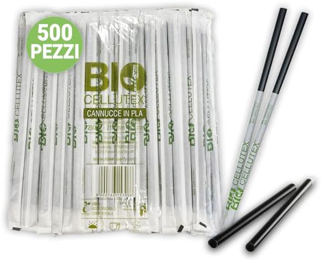 Generico GM 500 Pz Cannucce Imbustate Singolarmernte, 100% Biodegradabili Nere in PLA, Riutilizzabili, Misura 21/7,Cannucce per Bevande Fredde, Adatte per Cocktail, Bar ed Eventi, 153-06