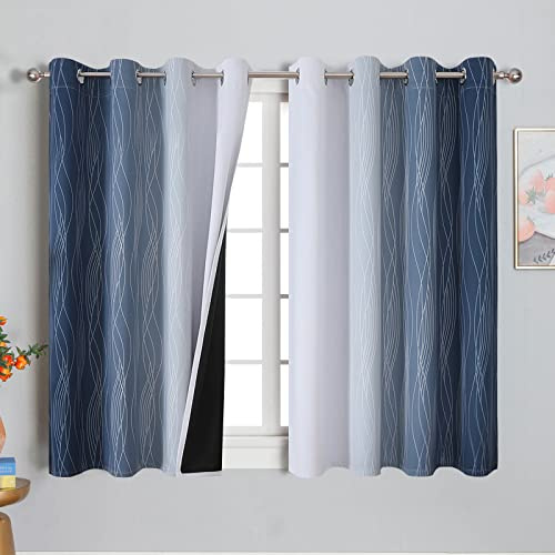 VEHEDE Blackout Noise Reducing Eyelet Curtains & Drapes for Bedroom, Ombre Energy Saving Thermal Curtains, Wave Curtain for Small Window, W52 x L54 Inch, Navy Blue and Greyish White, 2 Panels