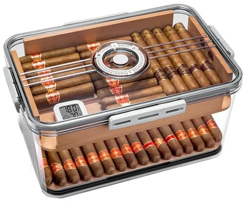 POCDOKYZ Humidor für Zigarren, transparent, Humidor für Reisen, aus PET, Hygrometer + Feuchtigkeitspaket + Sägemehl, feuchtigkeitsspendend und feuchtigkeitsbeständig, enthält 30-100 Zigarren, S