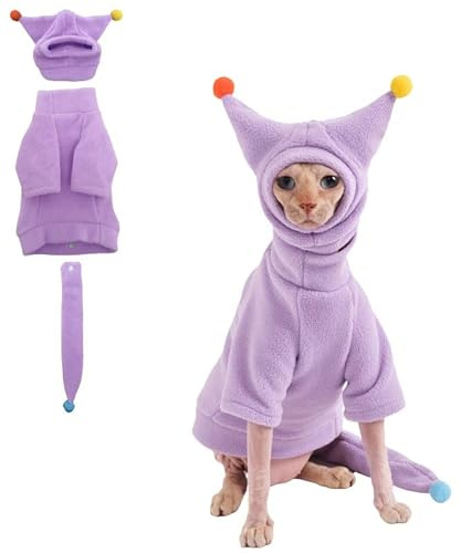 GigglyHouse Sphynx Katzenkleidung, warmer Katzen-Overall mit Hut und Schwanzabdeckung, komplettes Set für haarlose Katzen, Cornish Rex und Devon Rex (Lila, S(0,9-1,6 kg))