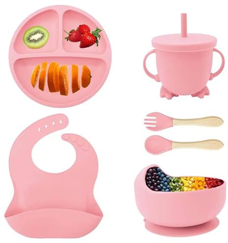 Eliano Lot de 6 pièces en silicone pour bébé – Assiette, bol, gobelet avec paille, fourchette, cuillère, bavoir – Passe au lave-vaisselle, sans BPA, passe au micro-ondes – Pour enfants à partir de 6
