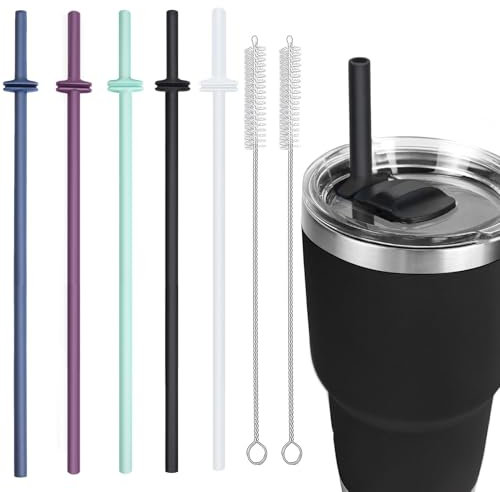 Silicone Straw for Yeti Rambler, 5PCS Reusable Straws & 2 Cleaning Brush for Yeti 30/20 oz Tumbler with Magslider Lid, Yeti Accessories Adjustable Drinking Straws with Spill Stopper (Multicolor)