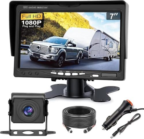 Kairiyard Car Reversing Camera Kit,7 Inch HD 1080P Screen Monitor Parking Sensor kit Night Vision Waterproof Rear View Reversing Backup Camera With 15M Cable for RV Bus Truck Trailer 12V-24V.