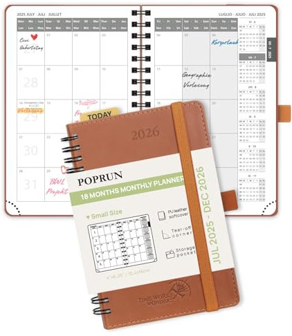 POPRUN Kalender 2025 2026 Monatsplaner 16 x 10,5 cm - 18 Monate Monatskalender Ringbuch A6 (Jul.2025-Dez.2026) - 1 Monat 4 Seiten, Softcover mit PU-Leder, 100 GSM Papier - Braun
