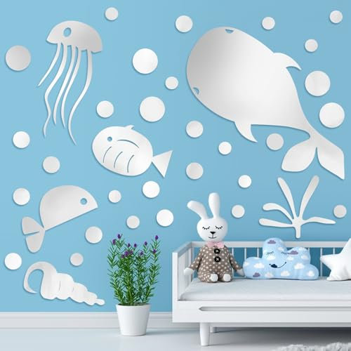 wandtattoo badezimmer, spiegel bad baden bubble wall,Meeresfisch wandbild selbstklebend,DIY-Acryl-Spiegel Meeresfische und bubble wall Dekoration,Exquisite Heim-Schlafzimmer-Dekoration (Silber)