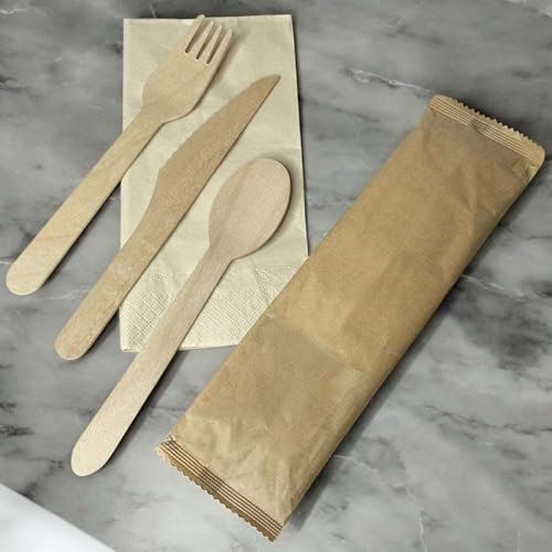 Pack 500x Disposable Wooden Takeaway Cutlery Set 4 in 1 Knife/Fork/Spoon/Napkin in Kraft Wrap