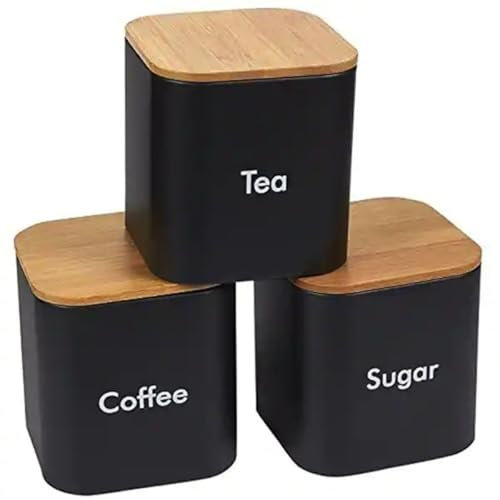 Aeetial Set of 3 Kitchen Canisters with Bamboo Lids, Airtight Metal Canister Set, Food Storage Containers Jars for Coffee, Sugar, Tea, Flour, Rustic Farmhouse Kitchen Decor Containers (Small - Black)