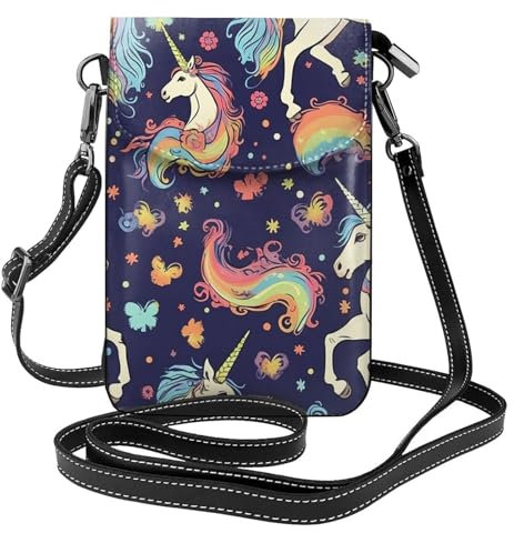 Einhorn Pegasus Regenbogen Schmetterling Leder Crossbody Flip Handytasche Bargeld Karte Schlüssel Kosmetik Verstellbare Einkaufstasche Reisetasche, Schwarz , Einheitsgröße
