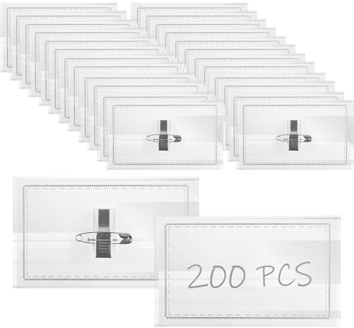 LOPYXBR Lot de 200 badges nominatifs professionnels avec clip et épingle, 90 x 55 mm, porte-cartes en plastique transparent avec pince crocodile, porte-cartes horizontal pour entreprise, bureau