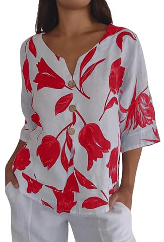 Womens Linen Tops Plus Size Size 12 Striped Wedding Tee Deals Womens Cotton Linen Tshirt Top Summer Casual Gifts Fit Blouse Tunic Floral Print Button Tee Short Sleeve Top (01-A-Red, S)