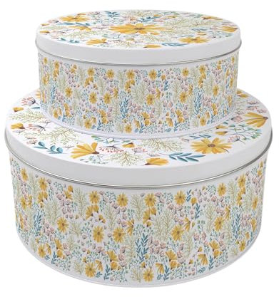 Purely Home Yellow Daisies Set of 2 Cake Tins Gift - Nesting Round Large & Medium Metal Storage Containers for Cakes and Baking