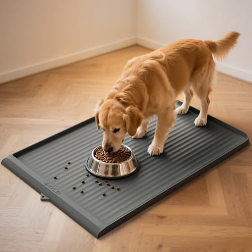 Dog Food Mat 36x24, Waterproof Pet Feeding Mat with Diversion Grooves and Raised Edges, Large Non-Slip Dog Bowl Mat for Food and Water, Cat Food Mat for Floors, Easy to Clean, Grey