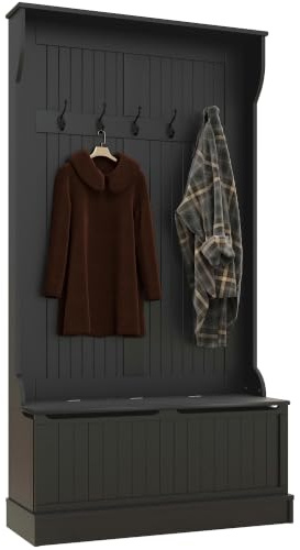HOMCOM Porte-manteau entrée banc et rangement chaussures 3-en-1 noir | Banc fin avec portemanteau, 4 crochets, compartiment à rabat