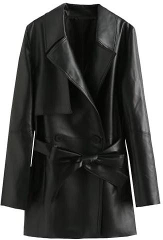 Damen Kunstleder Blazerjacke mit Gürtel Revers Mantel Vegan Pleather Casual Oberbekleidung für Frühling Herbst