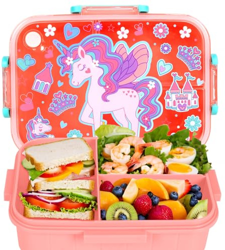 PinkSheep Bento Lunch Boxes for Kids, 1200 ml BPA-Free Leak-Proof Children Food Containers with 3 Compartments for Boys Girls (Unicorn)